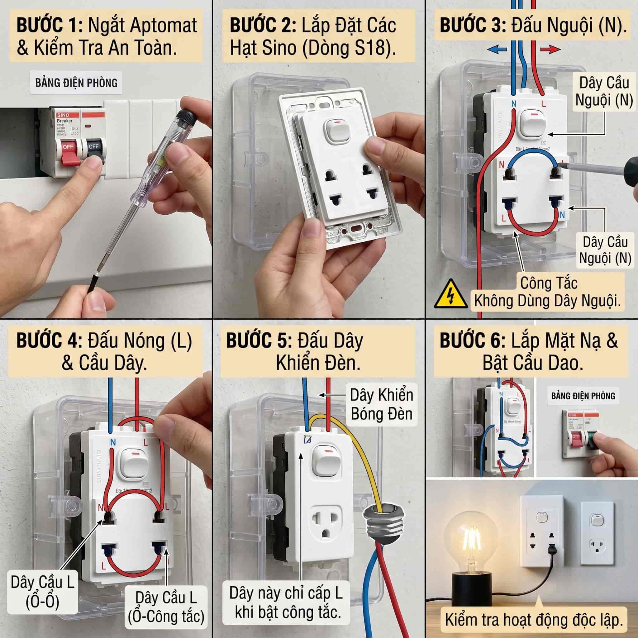 Cách Đấu Điện 1 Công Tắc 2 Ổ Cắm Sino Đúng Sơ Đồ, An Toàn 10 Các Bước Cách Đấu Điện 1 Công Tắc 2 Ổ Cắm Sino