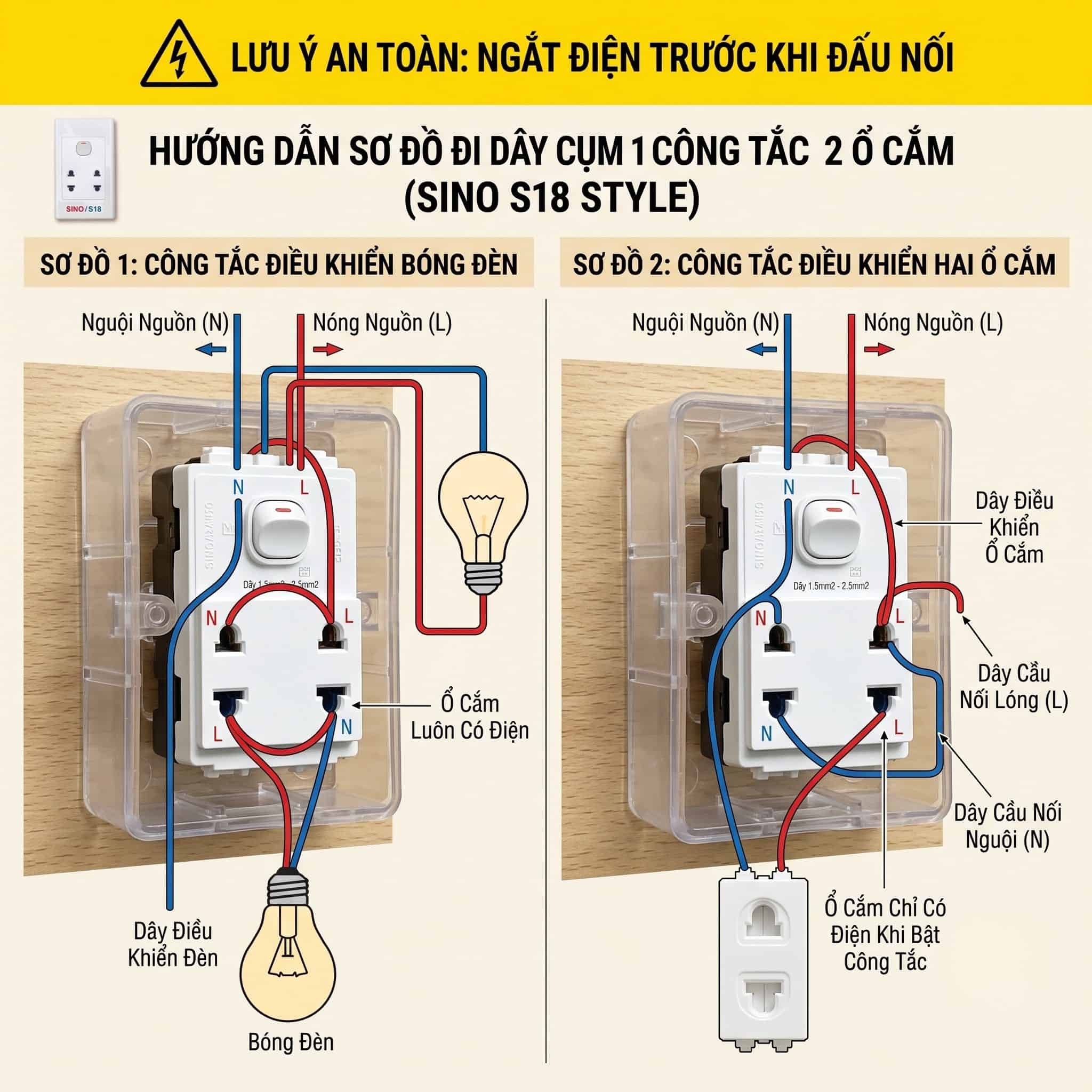 Cách Đấu Điện 1 Công Tắc 2 Ổ Cắm Sino Đúng Sơ Đồ, An Toàn 9 Cách Đấu Điện 1 Công Tắc 2 Ổ Cắm Sino